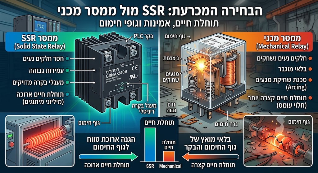 SSR מול ממסר מכני: הבחירה שמכריעה את תוחלת החיים של הבקר וגוף החימום